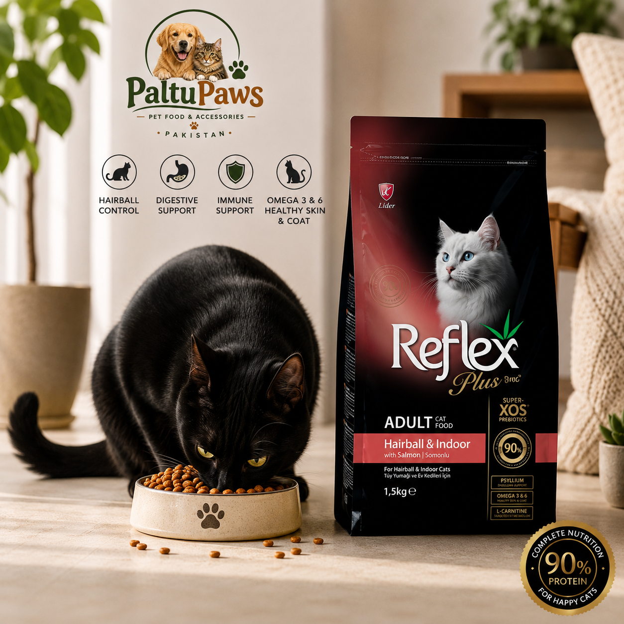 Reflex Plus Cat Food Hair Ball & Indoor with Salmon – 1.5 KG